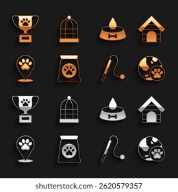 Set Bag of food for pet, Dog house, World, Pet cat toy, Location veterinary hospital, bowl dog, award symbol and Cage birds icon. Vector