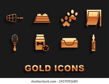 Set Bolsa de alimentos para mascotas, puerta, mascotas, vial médico, cama, cepillo de pelo perro y gato, impresión de pata, bozal de perro e icono de tazón. Vector