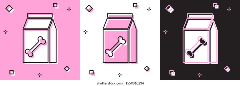 Set Bag of food for pet icon isolated on pink and white, black background. Food for animals. Dog bone sign. Pet food package.  Vector Illustration