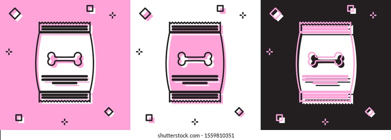 Set Bag of food for pet icon isolated on pink and white, black background. Food for animals. Dog bone sign. Pet food package.  Vector Illustration