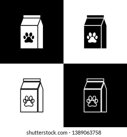 Set Bag of food for pet icons isolated on black and white background. Food for animals. Pet food package. Dog or cat paw print. Vector Illustration Set Bag of food for pet icons isolated on black and white background. Food for animals. Pet food package. Dog or cat paw print. Vector Illustration