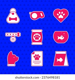 Set Bag of food for pet, Medical clinical record, Food fish, Aquarium with, Cat, Collar name tag, Heart animals footprint and Dog collar bone icon. Vector