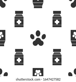 Set Bag of food for pet, Paw print and Dog medicine bottle and pills on seamless pattern. Vector