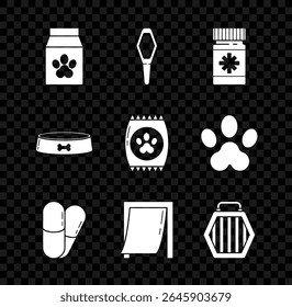 Set Bag of food for pet, Pets vial medical, Dog medicine bottle and pills, Door, carry case, bowl and  icon. Vector