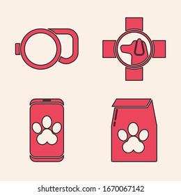 Set Bag of food for pet, Retractable cord leash, Veterinary clinic symbol and Online veterinary clinic symbol icon. Vector