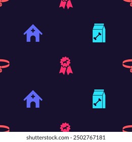 Set Bag of food for pet, Veterinary medicine hospital, Dog award symbol and Collar with name tag on seamless pattern. Vector