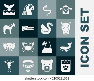 Set Bag of food, Whale, Hippo or Hippopotamus, Snake, Crocodile, Horse, tail in ocean wave and Swan bird icon. Vector