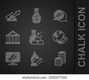 Set Bag of gold bars, Molten being poured, Gold coin money, Bank building,  and Growth arrow with icon. Vector