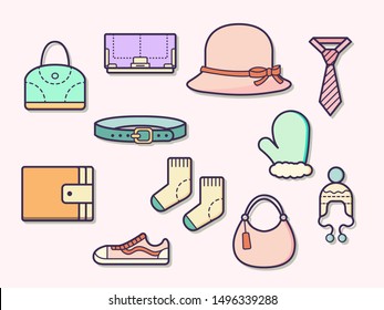 Set of bag, hat, mittens, necktie, and belt. minimal flat vector illustration of different types of fashion and accessory element. 