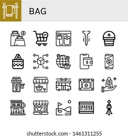 Set of bag icons such as Clothes line, Bag, Shopping cart, Online shop, Tee, Fertilizer, Handbag, Packet, Shopping, Wallet, Cold coffee, Online shopping, Trolley, First aid kit , bag