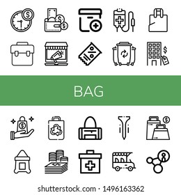 Set of bag icons such as Time is money, Bag, Wallet, Online shopping, Add package, Coupon, Blood bag, Waste, Plastic Hotel, Shopping Sack, Recycled Money ,
