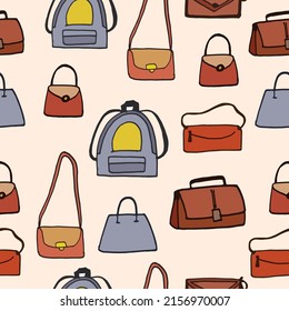 Set Of Bag Illustration On Pink Background. Retro Style. Hand Drawn Vector. Seamless Pattern With Female Bag, Slingbag, Handbag, Clutch, Backpack. Wallpaper, Wrapping Paper And Gift, Textile, Fabric. 