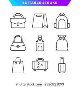 Set of Bag Outline Icon. Paper Bag, Briefcase, Suitcase, Sack, Backpack, and More. Editable Stroke. Vector Eps 10