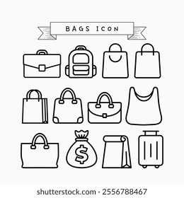 Set of bag Outline icons illustration in various categories , including plastic, backpack, shopping bag, tote bag, money bag, suitcase, and more. 