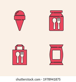 Set Bag or packet potato chips, Ice cream in waffle cone, Online ordering and delivery and  icon. Vector