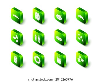 Set Bag or packet potato chips, Rice in bowl with chopstick, Croissant, Candy, Cracker biscuit, Stack of pancakes, Chicken leg package box and Donut icon. Vector