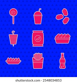 Set Bolsa o paquete de papas fritas, papas fritas en caja, botella de agua, pepitas de pollo, plato de nachos, kebab de pescado a la parrilla e icono de piruleta. Vector