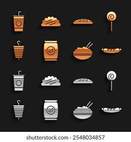 Set Bolsa o paquete de papas fritas, piruleta, sándwich de perrito caliente, arroz en un tazón con palillo, kebab de pescado a la parrilla, pan, paja de vidrio de papel e icono de tortilla de tacos. Vector