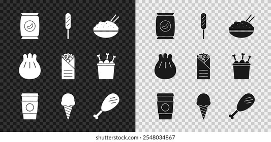 Set Bag or packet potato chips, Corn dog, Rice in bowl with chopstick, Coffee cup go, Ice cream waffle cone, Chicken leg, Khinkali cutting board and Doner kebab icon. Vector