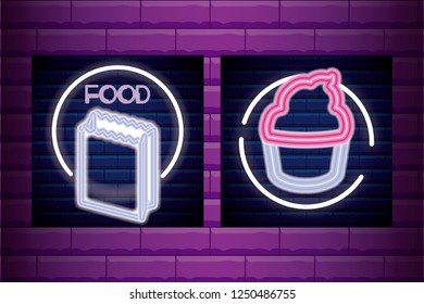 set bag paper for food and cupcake neon light label