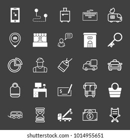 set of bag, phone, direction, baggage, keyboard, antenna, location, shop, chatting, building, key, worker, price tag, truck, taxi, office desk, bus, crane, cash, chair, sand clock vector icon