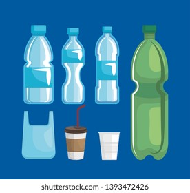 set of bag with toxic plastic bottles and cups