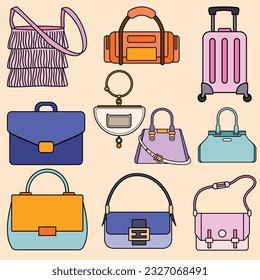 Set of Bag Type Simple Flat Line Illustration