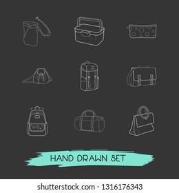 Set of bag types icons line style symbols with ring bag, lunch box, pouch and other icons for your web mobile app logo design.