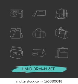 Set of bag types icons line style symbols with wristlet bag, evening bag, safari bag and other icons for your web mobile app logo design.