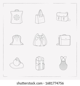 Set of bag types icons line style symbols with shopper bag, fishing creel, mesh bag and other icons for your web mobile app logo design.