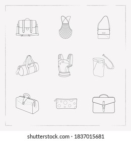 Set of bag types icons line style symbols with baby bag, doctor bag, shoulder bag and other icons for your web mobile app logo design.