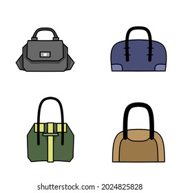 Set bag vector, various types of bag icons on white background, women's bags with various models, from simple to elegant bags.