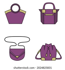 Set bag vector, various types of bag icons on white background, women's bags with various models, from simple to elegant bags.