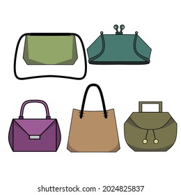 Set bag vector, various types of bag icons on white background, women's bags with various models, from simple to elegant bags.