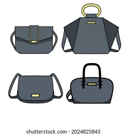 Set bag vector, various types of bag icons on white background, women's bags with various models, from simple to elegant bags.
