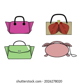 set bag vector, various types of bag icons on white background, women's bags with various models, from simple to elegant bags.