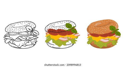 Set bagels sandwich with ham, cheese, tomato, basil and isolated on white background. Linear style. Hand-drawn. Doodle. For web design, icons, packaging, menu or interior design.