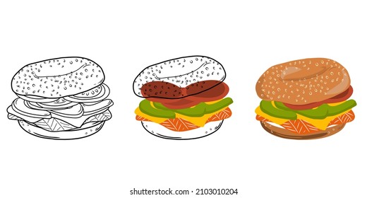 Set bagels sandwich with salmon, cheese, tomato and avocado isolated on white background. Linear style. Hand-drawn. Doodle. For web design, icons, packaging, menu or interior design.