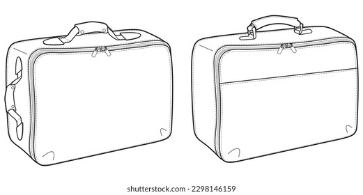 Set of Baggage bag flat sketch fashion illustration drawing template mock up, Luggage bag cad drawing. Suitcase and briefcase bag flat sketch vector