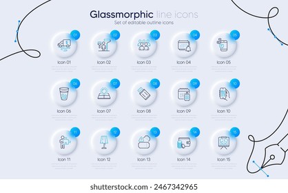 Conjunto de Iconos de Línea de Transporte de Equipaje, Transporte de Efectivo y Comunicación para App de Web. Forma de pago, té de hielo, iconos de pintor. Rompecabezas, tablero de visión, señales de entradas. Notificación, energía solar, flash USB. Vector