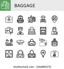 Set of baggage icons such as Briefcase, Backpack, Luggage, Tourist, Airport, Bellboy, Handbag, School bag, Belt pouch, Gym bag, Sport bag, Suitcase , baggage