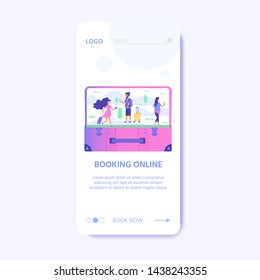 Set of baggage, laggage and young cute people. Travel and tourism concept for website user interface template, online booking reservation, landing page, banner, flight tickets service. Vector