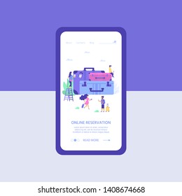 Set of baggage, laggage with young little people. Travel and tourism concept for website user interface template, online booking reservation, landing page, banner, flight tickets service. Vector