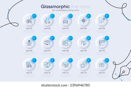 Set of Baggage, Logistics network and Parcel tracking line icons for web app. Food delivery, Rent car, Supply chain icons. Bicycle lockers, Airplane, Warning signs. Lighthouse. Vector