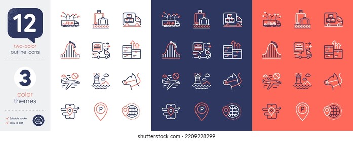 Set of Baggage reclaim, Delivery truck and Truck delivery line icons. Include Roller coaster, Lighthouse, Wholesale goods icons. Cancel flight, World travel, Gps web elements. Dog leash. Vector