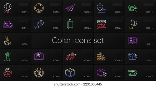 Set of Baggage reclaim, Gps and Paper plane line icons. Include Journey, Air balloon, Inventory icons. Disability, Delivery box, Warning web elements. Parcel tracking, Flag, Packing boxes. Vector