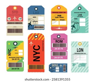 Set of baggage strap tags in cartoon style. Vector illustration of baggage tags of different shapes with inscriptions of cities, airplanes, barcodes, stamps, world map isolated on white background.