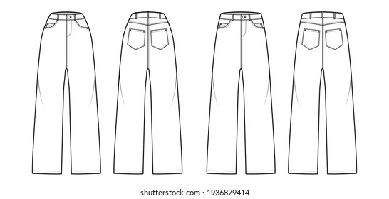 Set Of Baggy Jeans Denim Pants Technical Fashion Illustration With Normal Low Waist, High Rise, 5 Pockets, Rivets, Belt Loops. Flat Front, Back, White, Color Style. Women, Men, Unisex CAD Mockup