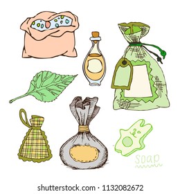 Set of bags for bath flavors, salt, oil for Russian bath for body hygiene. Set of accessories for bath, sauna. Hand drawing in sketch style. Isolated object on white background.