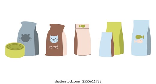 Set of bags with cat food, cat food package, Pet feed treats. Pet food packaging for feeding domestic animals, nutrition store, vector illustration